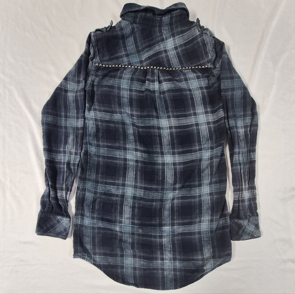 Miss Me Womens M Plaid Flannel Long Slv Button Up Shirt Blue Tunic Length Studed - Picture 6 of 7